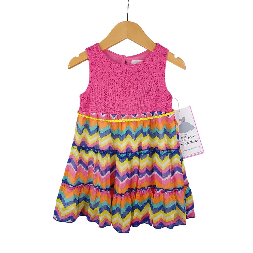 Rare Editions Girls Lace Chevron Tiered Dress Size 2T Sleeveless Belted Casual